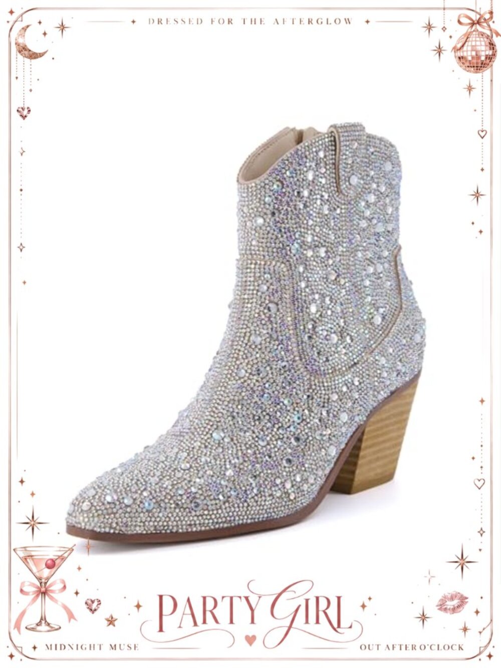 Rhinestone Western Cowboy Booties Memory Foam Block Heel Ankle Boots
